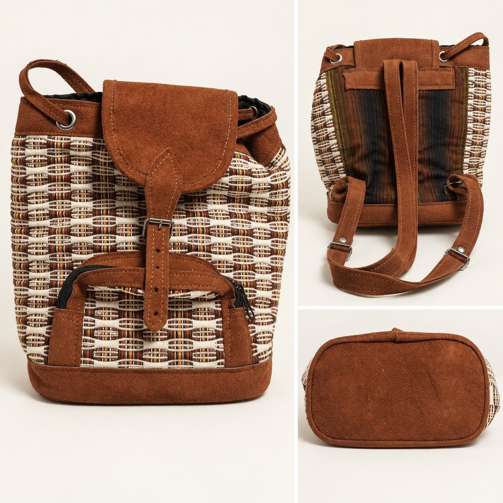 Bohemian Woven Mini Backpack Faux Suede Trim Brown Cream Geometric Boho Bag